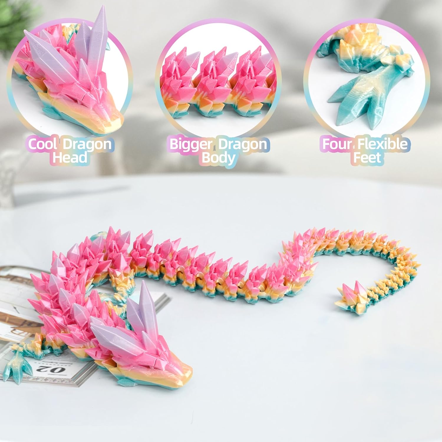 3D Printed Dragon - 24 inch Fidget Toy, Large Crystal Articulated Dragon, 3D Printed Gift for Birthday, Figurine Decor, Desk Pet(Candy Rainbow)