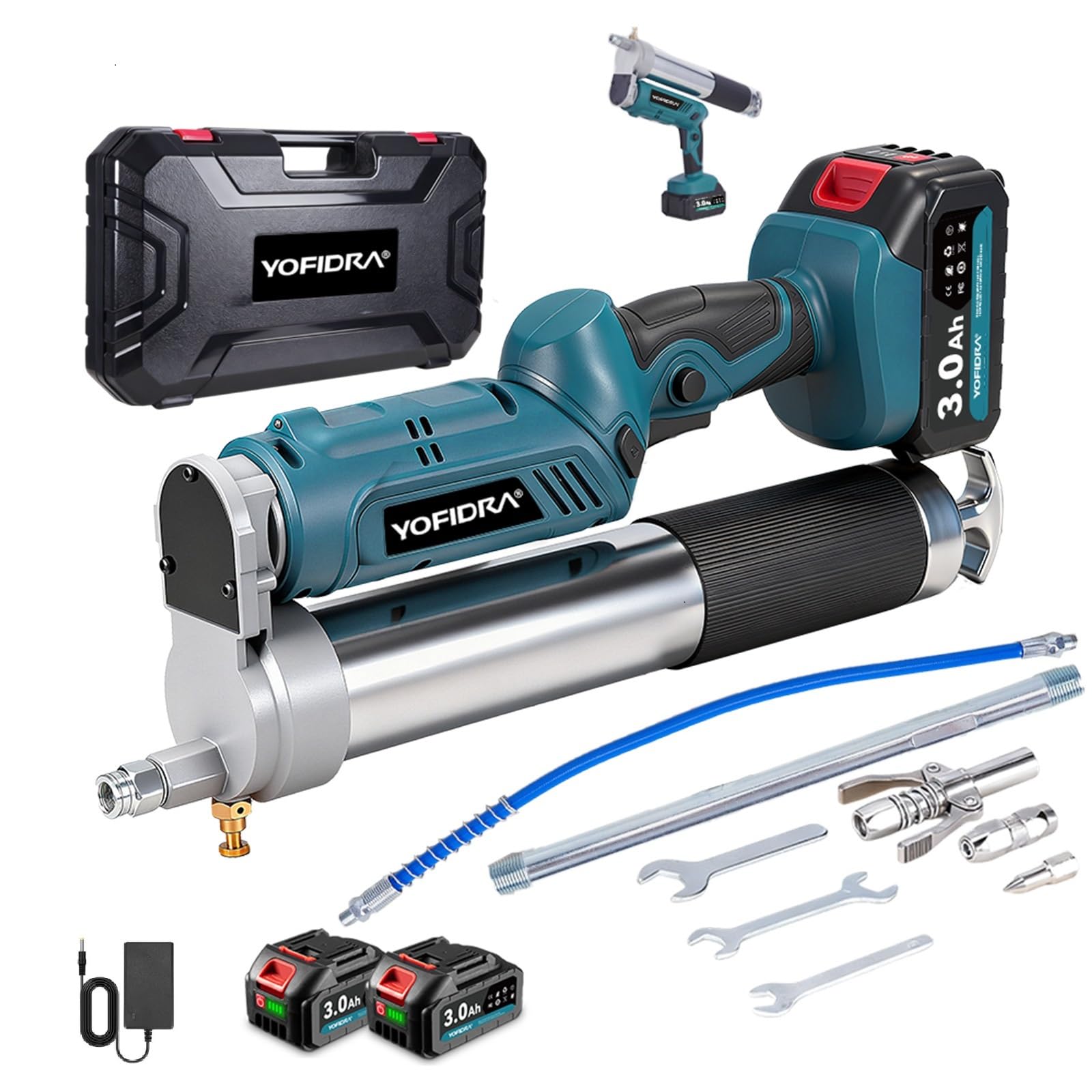 Yofidra 2 in 1 Pistola per Grasso a Batteria - Kit Pistola per Grasso da 5,3 oz/min 12000 PSI con 2 batterie da 3,0 Ah, Facile da Usare per Agricoltori, Operatori di Macchine e Proprietari