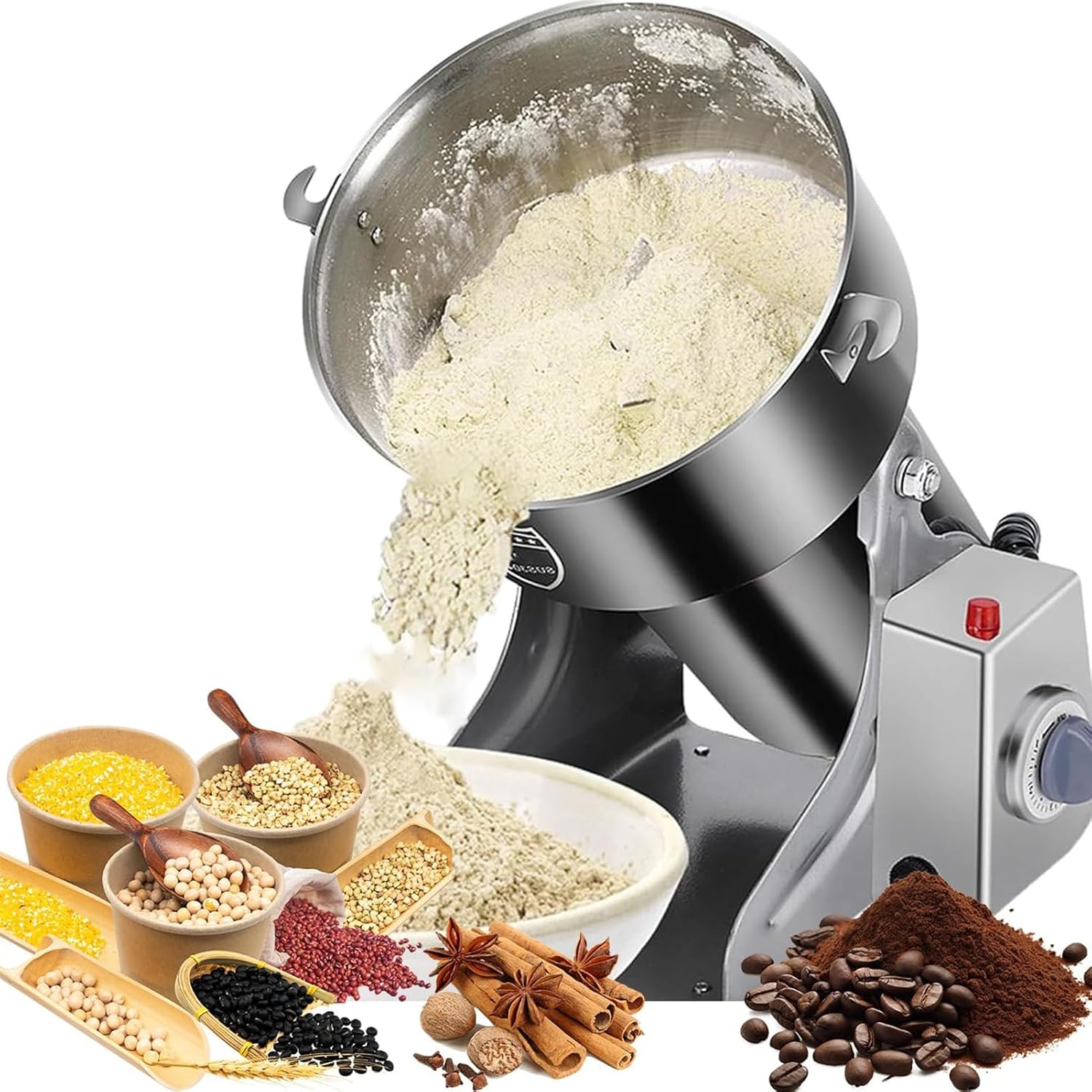 Electric Grain Mill Grinder Corn Grinder,Swing Type Mill,Commercial Food Grinder with 12 Accessories, Timer and Overload Protection,for Coffee Bean,Spices,Herbs,Nuts,Grains(800g)
