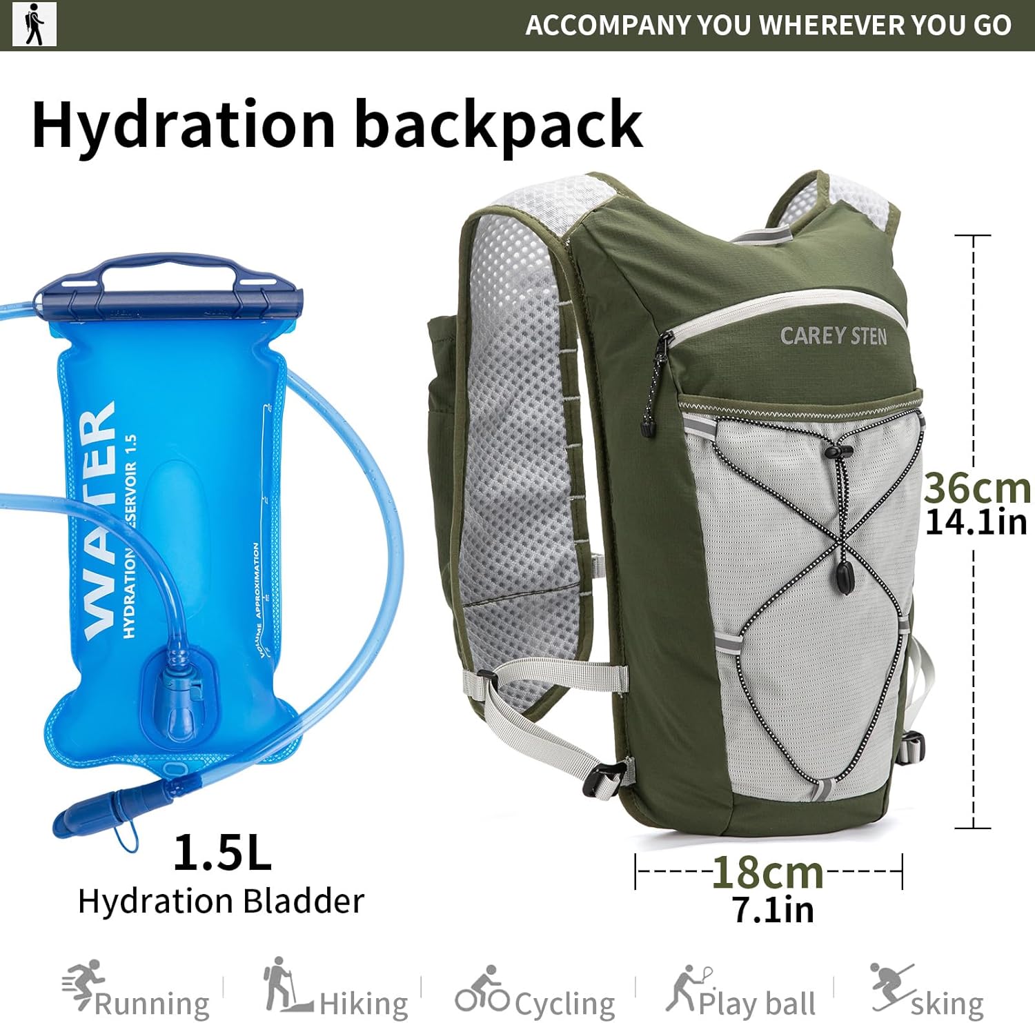 Hydration Running Backpack with 1.5L Water Bladder, Slim Body-Hugging Fit, Lightweight Polyester Sports Hydration Pack for Men Women Running Hiking Cycling