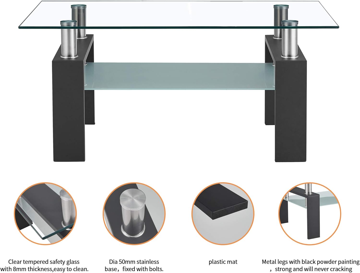 Glass Coffee Table Set of 3, Modern Coffee Table and 2 End Table Sets, 2-Tier Center Tables Set, Clear Tempered Glass Top with Black Metal Legs for Living Room, Office, Easy Assembly