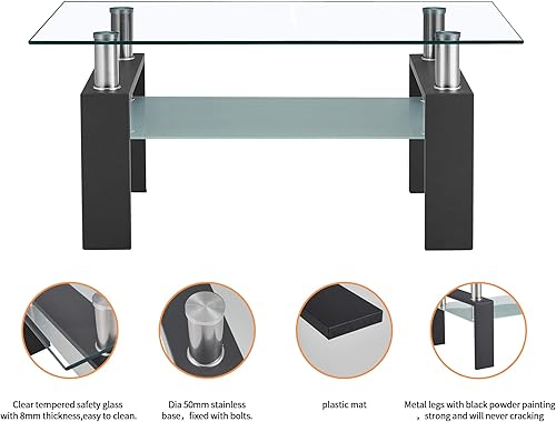 Miniatura 7 de Juego de 3 mesas auxiliares y mesa auxiliar de cristal, diseño clásico de 2 niveles, parte superior de vidrio templado y patas de metal sólido, uso