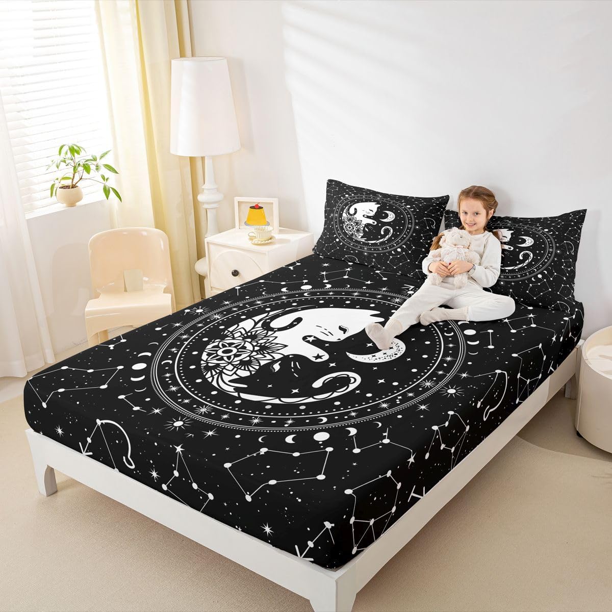 Cute Cats Fitted Sheet Twin,Gothic Starry Galaxy Moon Universe Bedding Sheet 2pcs for Kids Teens Boy Girls Room Decor,Animals Flower Plants Deep Pocket Sheet Black Exotic Bed Cover,1 Pillowcase