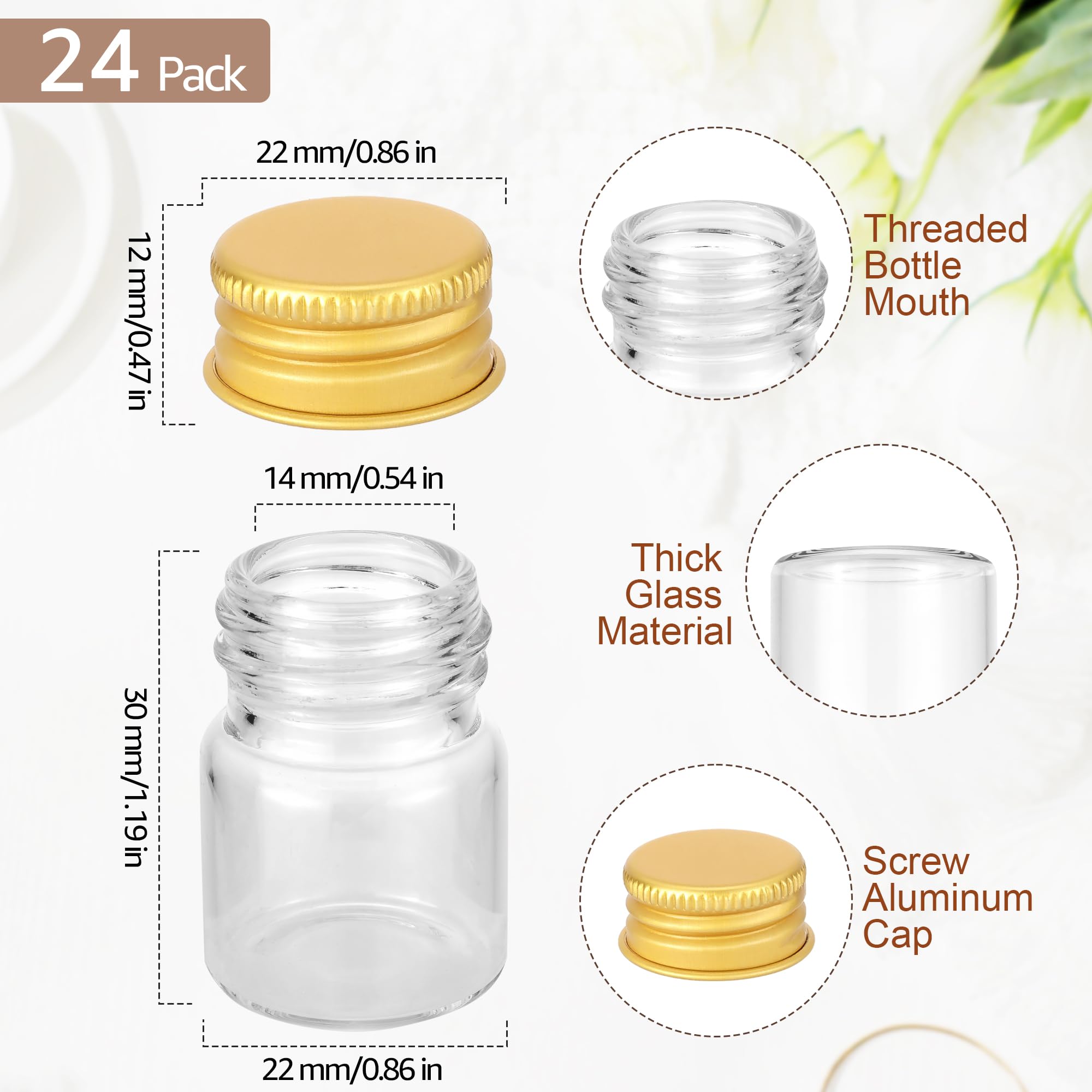 Kesell 24 Pack 5ml Mini Glass Bottle with Screw Aluminum Caps Small Glass Jars with Lids Small Glass Vials Tiny Jars for DIY Crafts and Storage (Gold Cap)