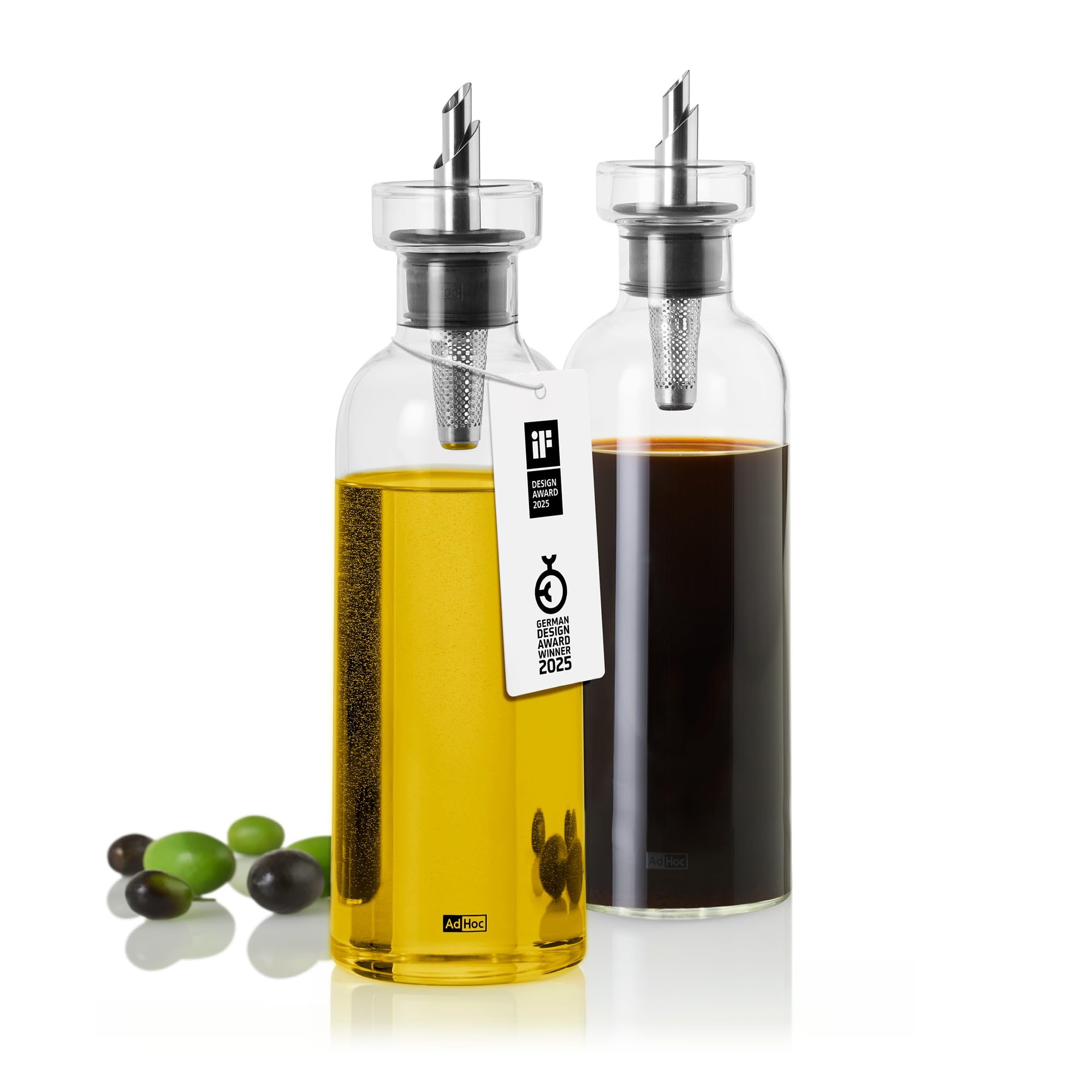 AdHoc BZ82 Set Ölspender oder Essigspender AromaPour aus Glas | elegante Olivenölflasche mit Ausgießer aus Edelstahl | ideal auch für Kürbiskern-Öl oder Essig | luftdicht, 500 ml