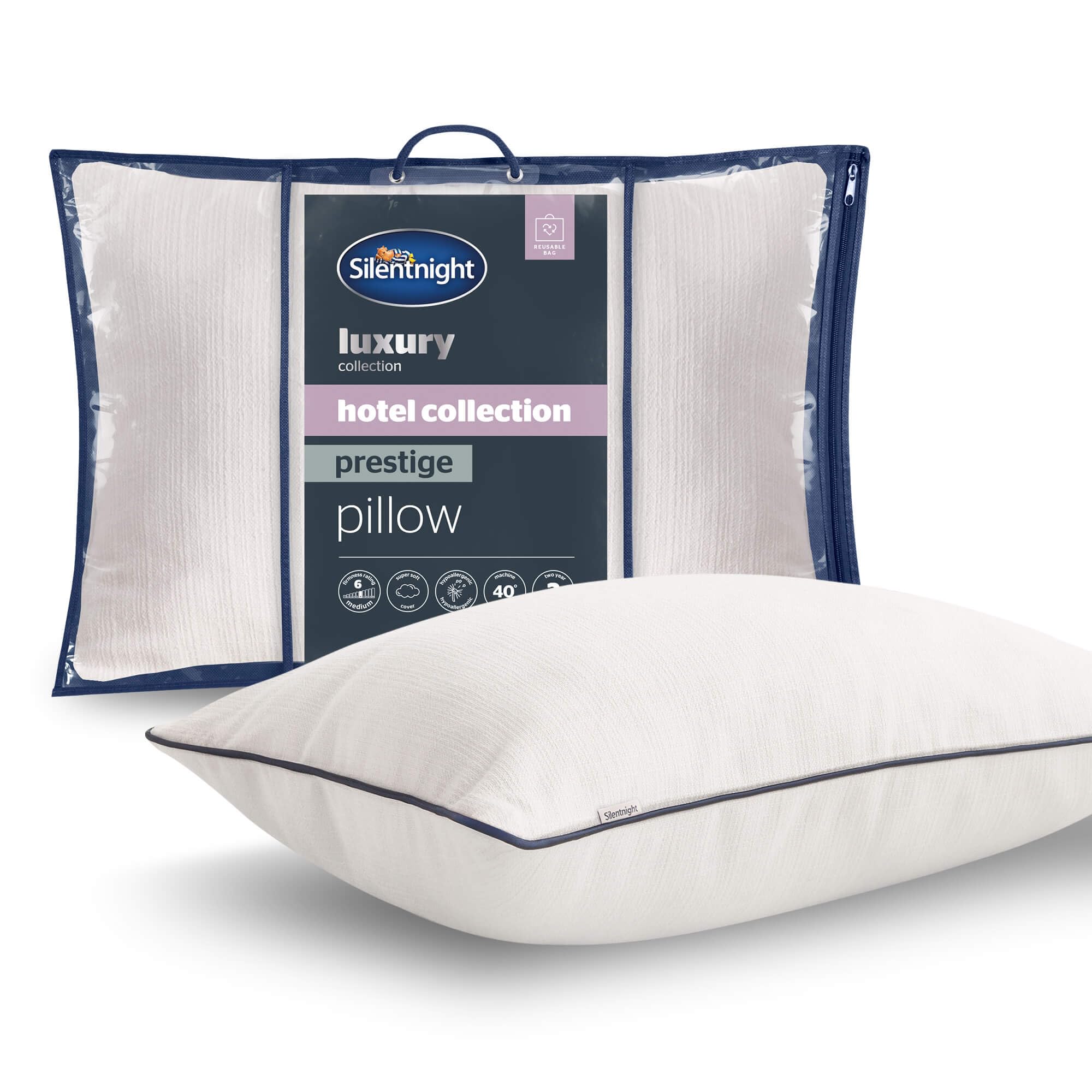 Silentnight Hotel Collection Prestige Pillow - Deeply Filled with Down-Like Ball Fibres - Luxurious Sink-In Bounceback - Brushed Twill Cover - Synthetic Down Alternative Pillow, Hypoallergenic