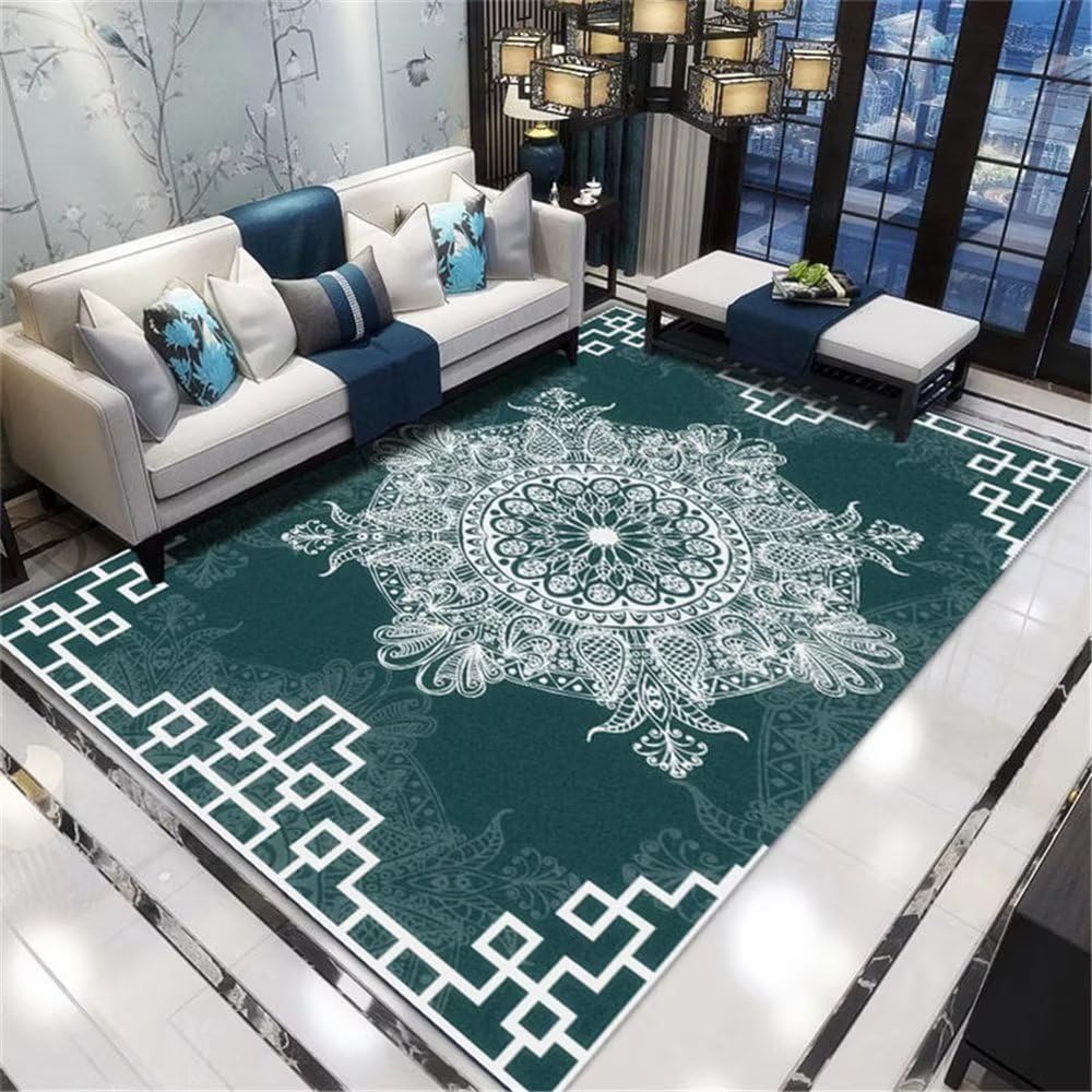 Tapis salon vert géométrique pour créer un coin lecture dans la chambre ado