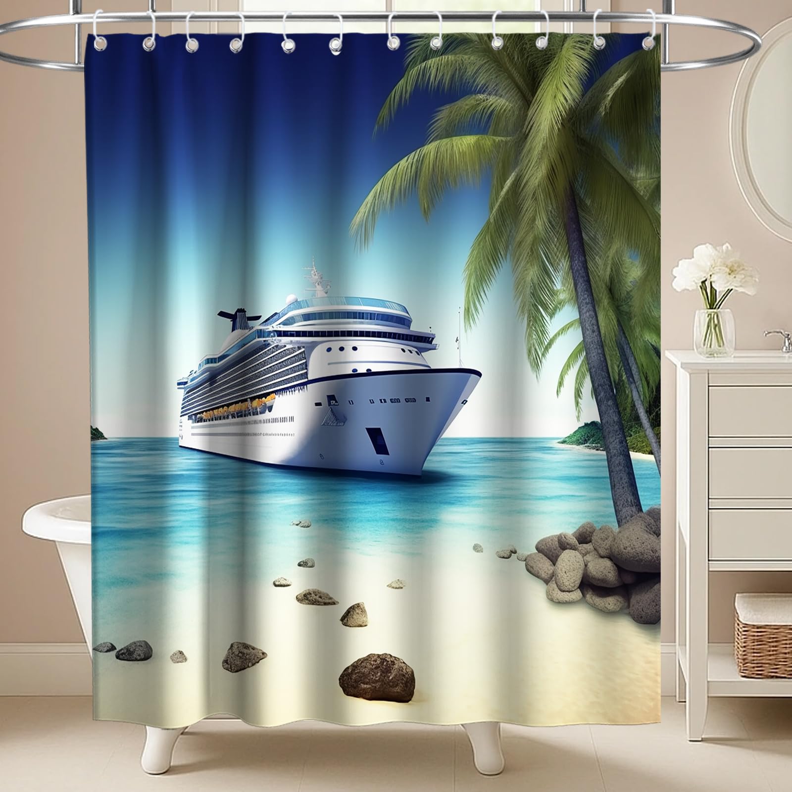 Final Friday Cruise Ship Tropical Palm Tree Island Theme Fabric Shower Curtain Sets Bathroom Ocean Decor with Hooks Waterproof Washable 72 x 72 inches Blue Green and White