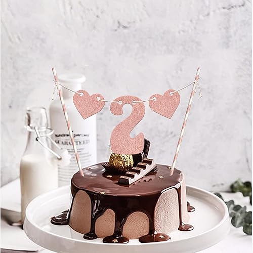 Miniatura 3 de Decoración de pastel de 2 cumpleaños con purpurina de oro rosa dulce corazón de 2 años de edad, decoración de dulce bebé niña 2 cumpleaños,