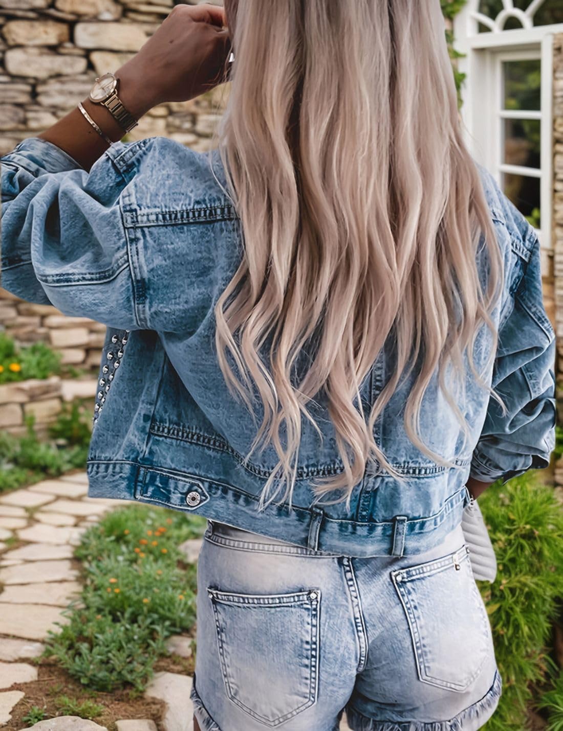 Kwoki Women's Studded Denim Jacket Casual Long Sleeve Western Distressed Rivet Cropped Jean Coat - Image 6