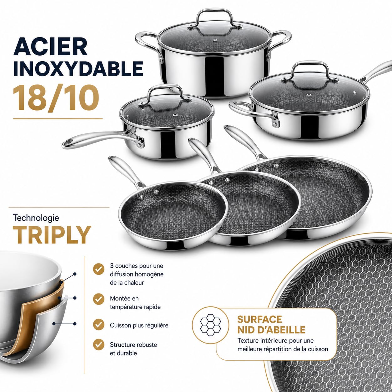 By Napoléon Batterie de Cuisine 9 Pieces Nid d'Abeille et Inox 18/10 Triply, 3 Poêles 20/24/28 cm, Casserole 16 cm, Sauteuse 24 cm, Faitout 22 cm