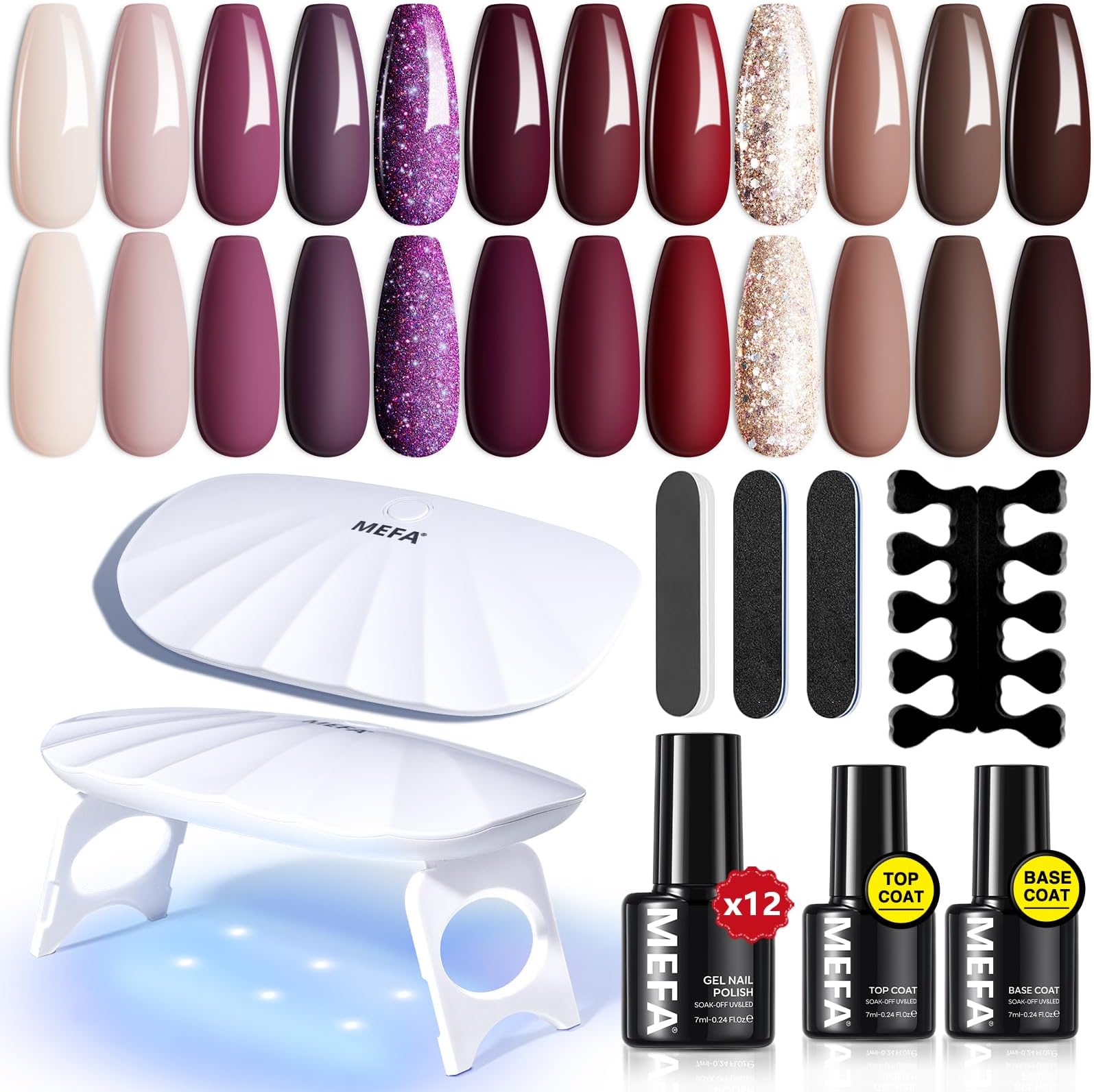 MEFA 19 Pcs Gel Nail Polish Kit with U V Light, 12 Colors Burgundy Red Polish Set Champagne Gold Glitter Nail Polish Soak Off Purple Manicure Tools Beginners Salon Nails Art DIY for Women