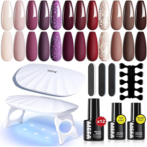 MEFA 19 Pcs Gel Nail Polish Kit with U V Light, 12 Colors Fall Gel Nail Polish Set Burgundy Red Champagne Gold Glitter Soak Off Purple Manicure Tools Beginners Salon Art Nails Art DIY for Women