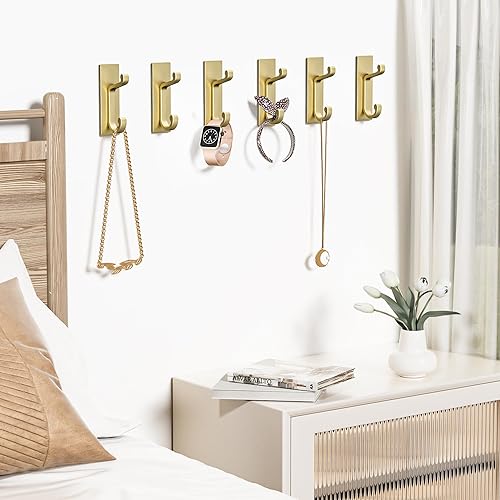 Miniatura 7 de Ganchos de pared autoadhesivos dorados para abrigos, gancho doble de acero inoxidable resistente para ropa, toallas, llaves, bolso, mochila, bolsa,