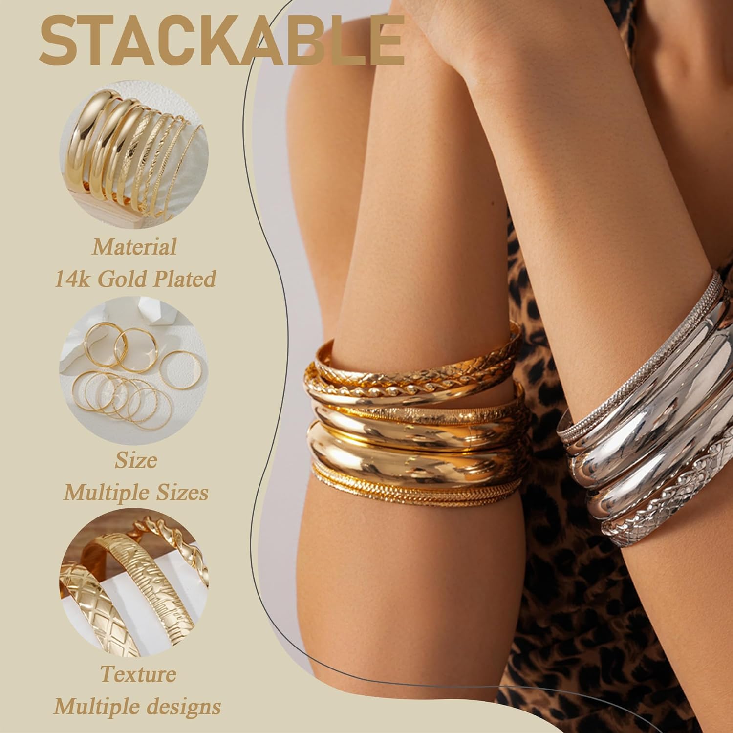 YEEZII Gold Bangle Bracelets for Women, 7Pcs 14K Gold Plated Boho Indian Multi Stackable Textured Bracelets, Chunky Bangles Set for Women Jewelry Gifts - Image 5