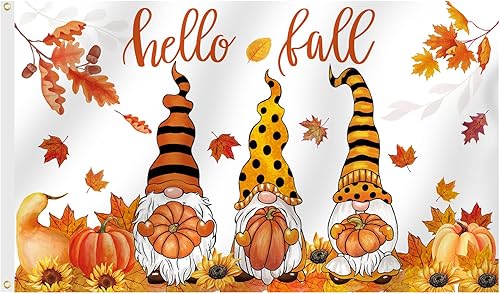 SENSEVEN Bandera de Thansgiving de Hello Fall de 3 x 5 pies, bandera de gnomo de girasol de calabaza de otoño y otoño, cartel de gnomo de cosecha de