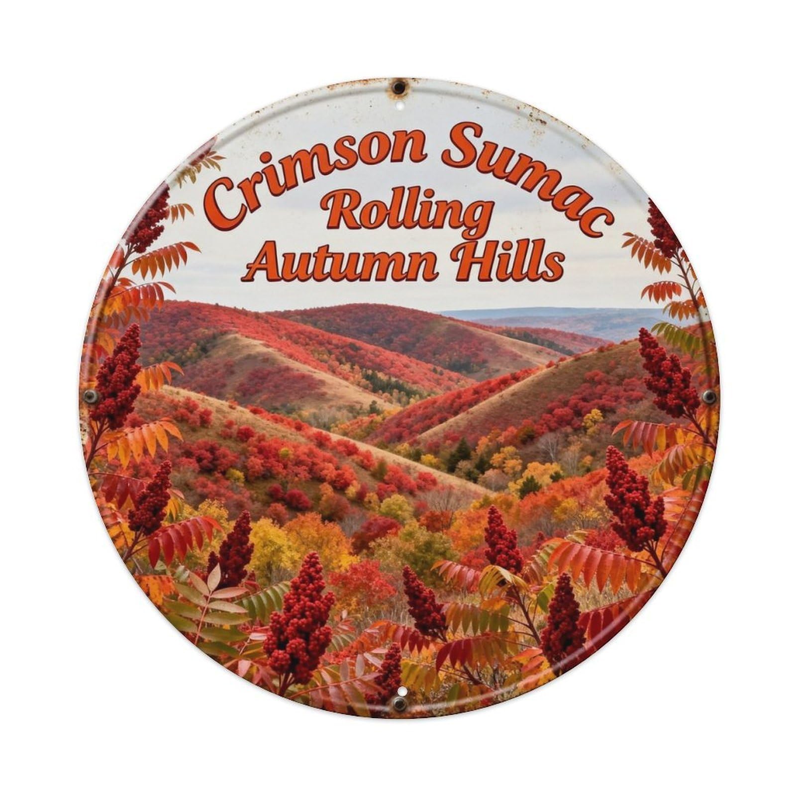 Crimson Sumac Rolling Autumn Hills Metal Tin Sign Plaque