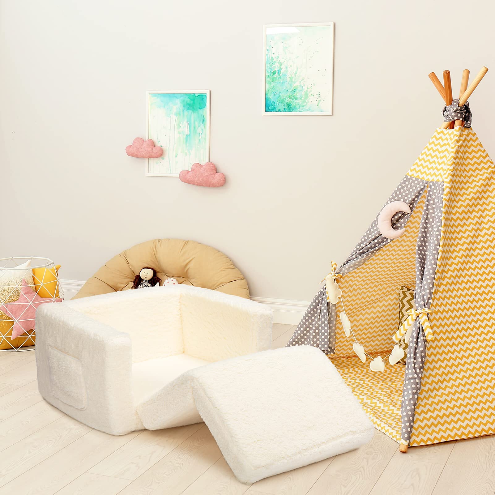BEJOY Sillón Infantil Sofá Cama 2 en 1, Convertible a Tumbona, Sofá Suave para Niñas y Niños, Día del Niño y Cumpleaños, Blanco