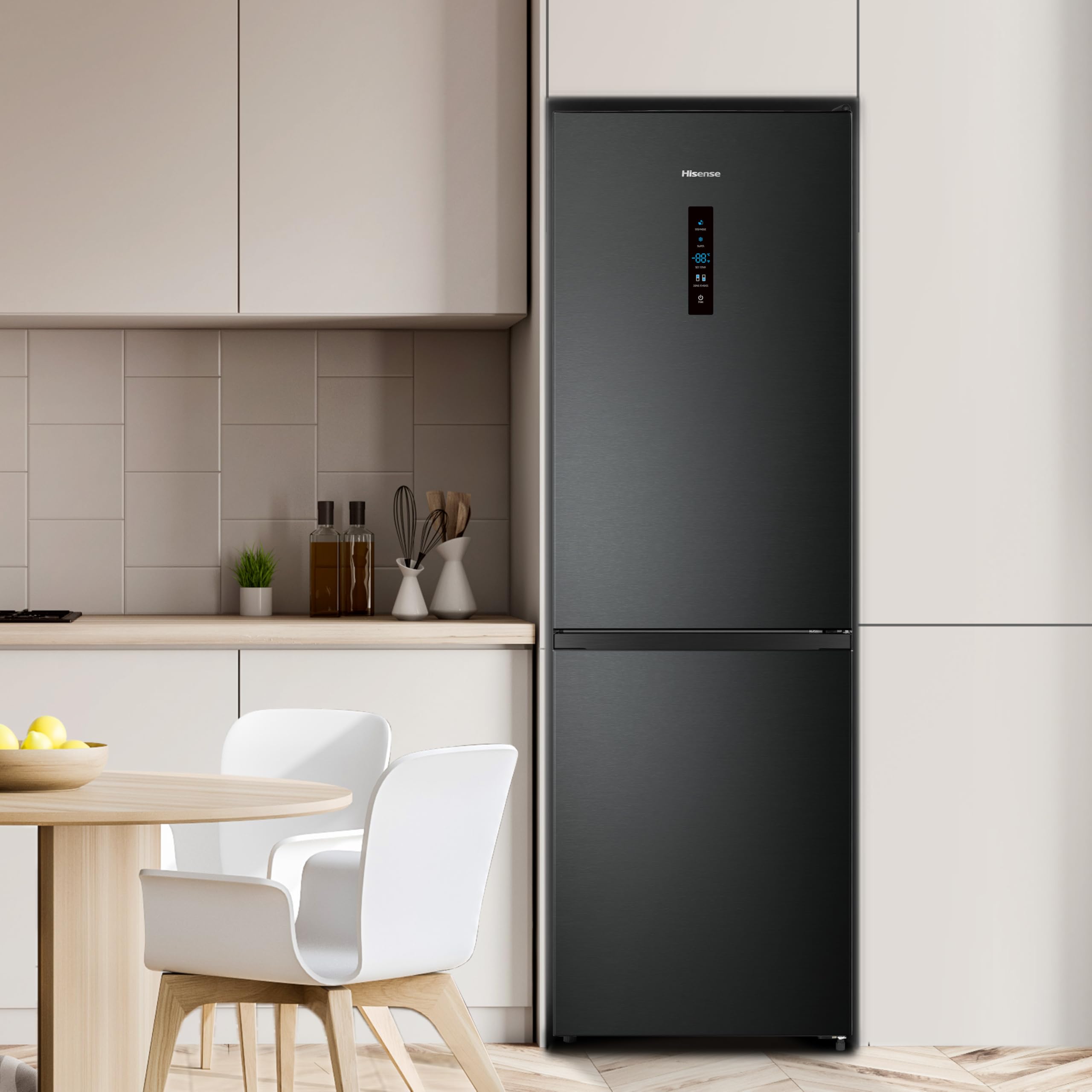 Hisense RB390N4BFC Kühl-Gefrier-Kombination Total No Frost Multi Air Flow LED Display Black Inox EEK C