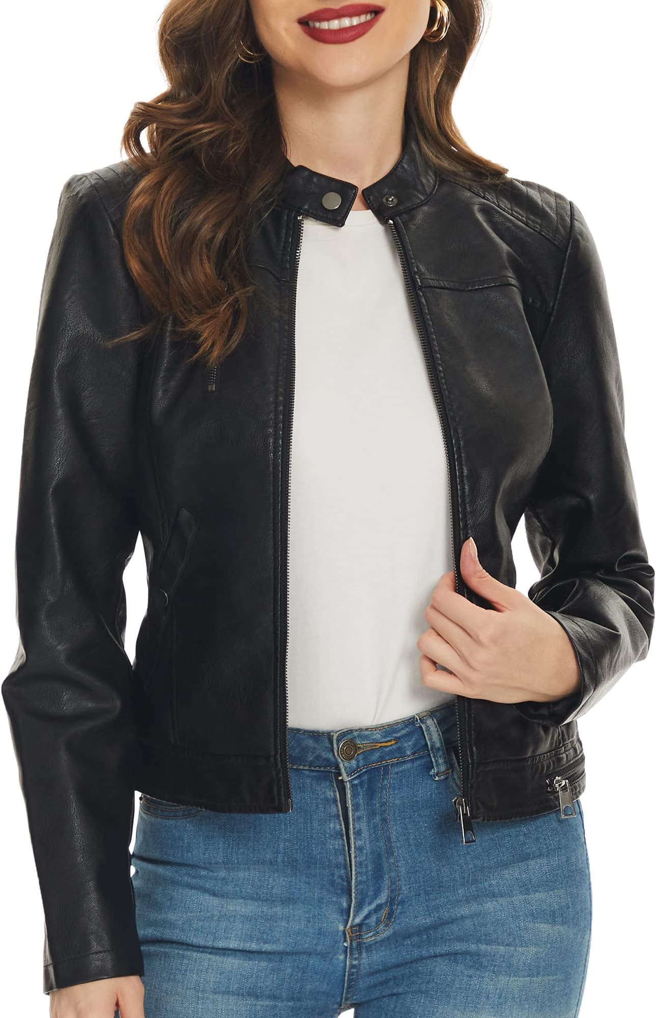 Black Faux Leather Jackets for Women Motorcycle PU Moto Biker Outwear Coat