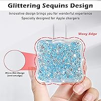 Vista 3 de CameCosy Protector de cable de lujo compatible con cargador de iPhone, diseño de borde ondulado con purpurina, funda USB de línea de datos, Azul