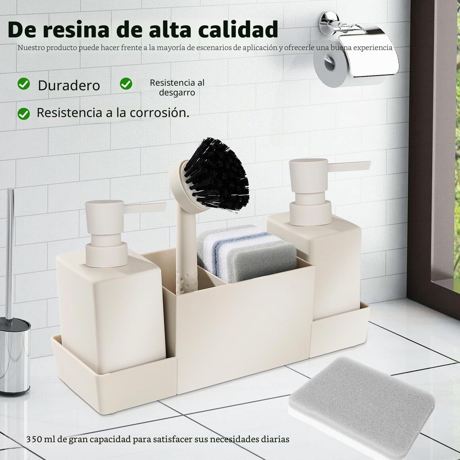Organizador de fregadero, organizador de cocina, juego de fregadero de plástico con dispensador de detergente, cepillo y esponja para lavar platos, organizador con dispensador de jabón, cepillo de