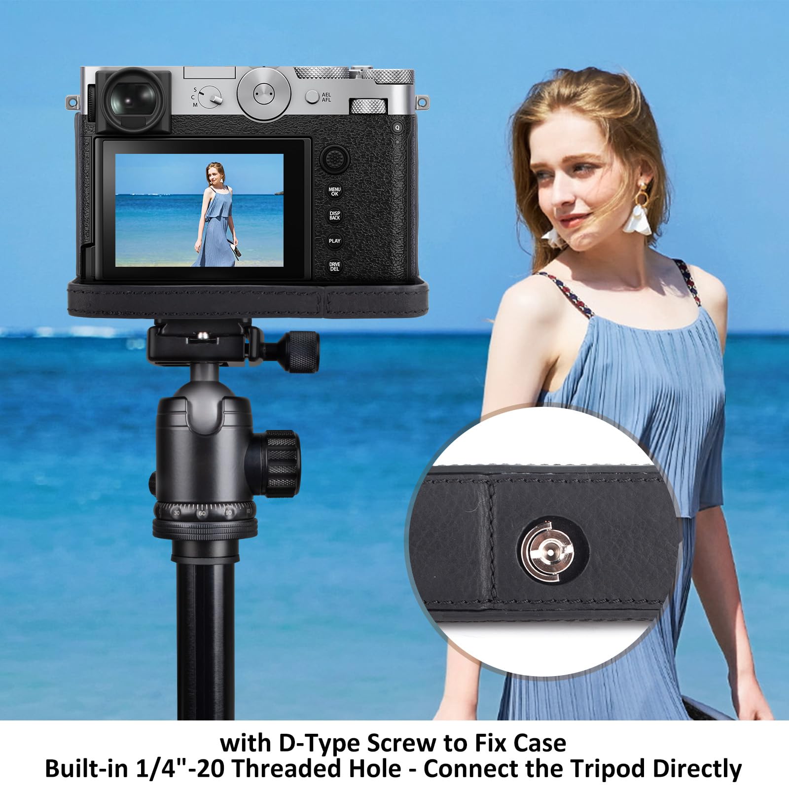 MUZIRI KINOKOO Housse pour Fuji GFX100 RF, Demi-étui de Protection en Cuir véritable Compatible avec Les appareils Photo numériques Fuji GFX100 RF/GFX100RF - avec Ouverture en Bas et poignée - Noir