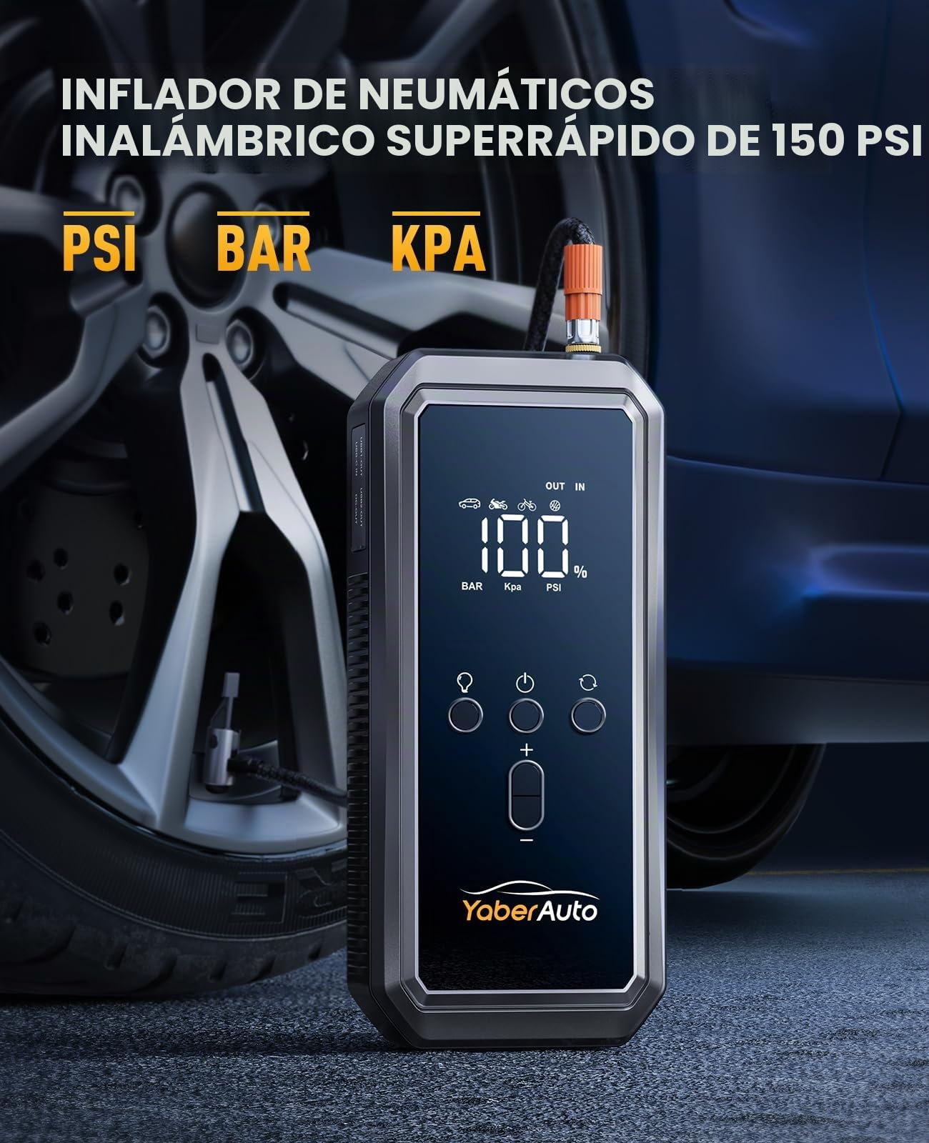 YaberAuto YA70 - Batería de arranque para coche (5000 A, con compresor de 150 psi, batería externa de 21,800 mAh con luz de emergencia de 300 lúmenes, batería externa 4 en 1 para arrancar con pantalla