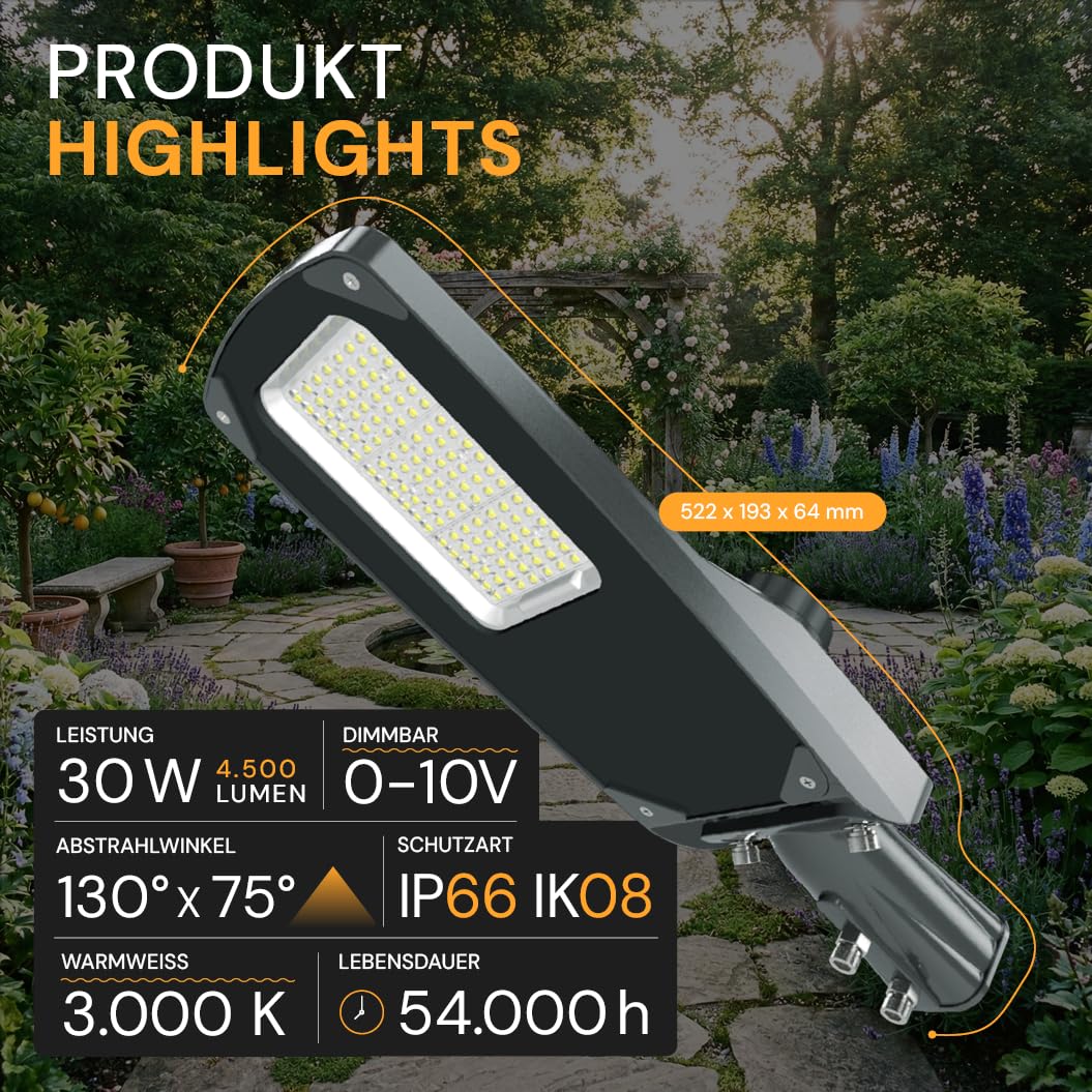 LED Straßenlaterne 30W dimmbar, 4500 Lumen, 3000K Warmweiß, IP66 Außenleuchte Mastleuchte, Straßenlampe außen für Hof Parkplatz Wege Industrie Außenbeleuchtung