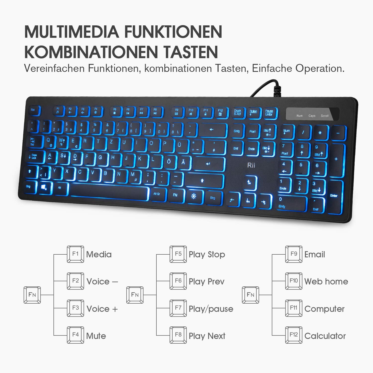 Rii Gaming Tastatur und Maus Set mit Kabel, 3 LED Hintergrundbeleuchtung QWERTZ (DE-Layout), Kabelgebundene Tastatur mit Maus für PC, Computer, Laptop, Schwarz