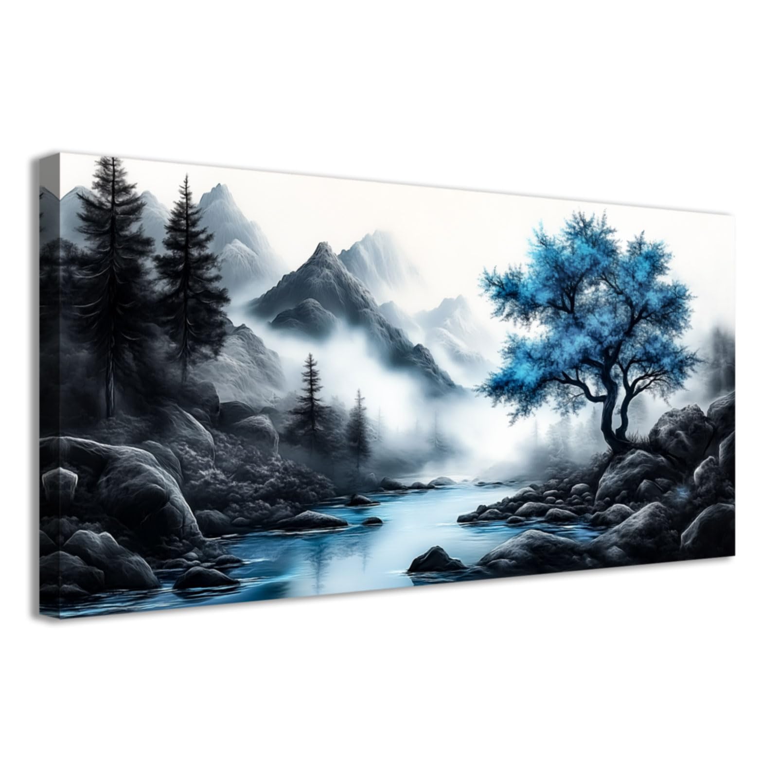 CCWACPP Canvas Wall Art for Living Room Blue Trees and Black and White Landscape Paintings Prints Modern Home Decor for Bedroom Office Framed (40.00 x 80.00 cms)