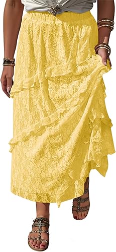 Cicy Bell Womens Lace Ruffle Maxi Skirts Flowy Boho Elastic High Waist Layered Beach Vacation Floral Long Skirts