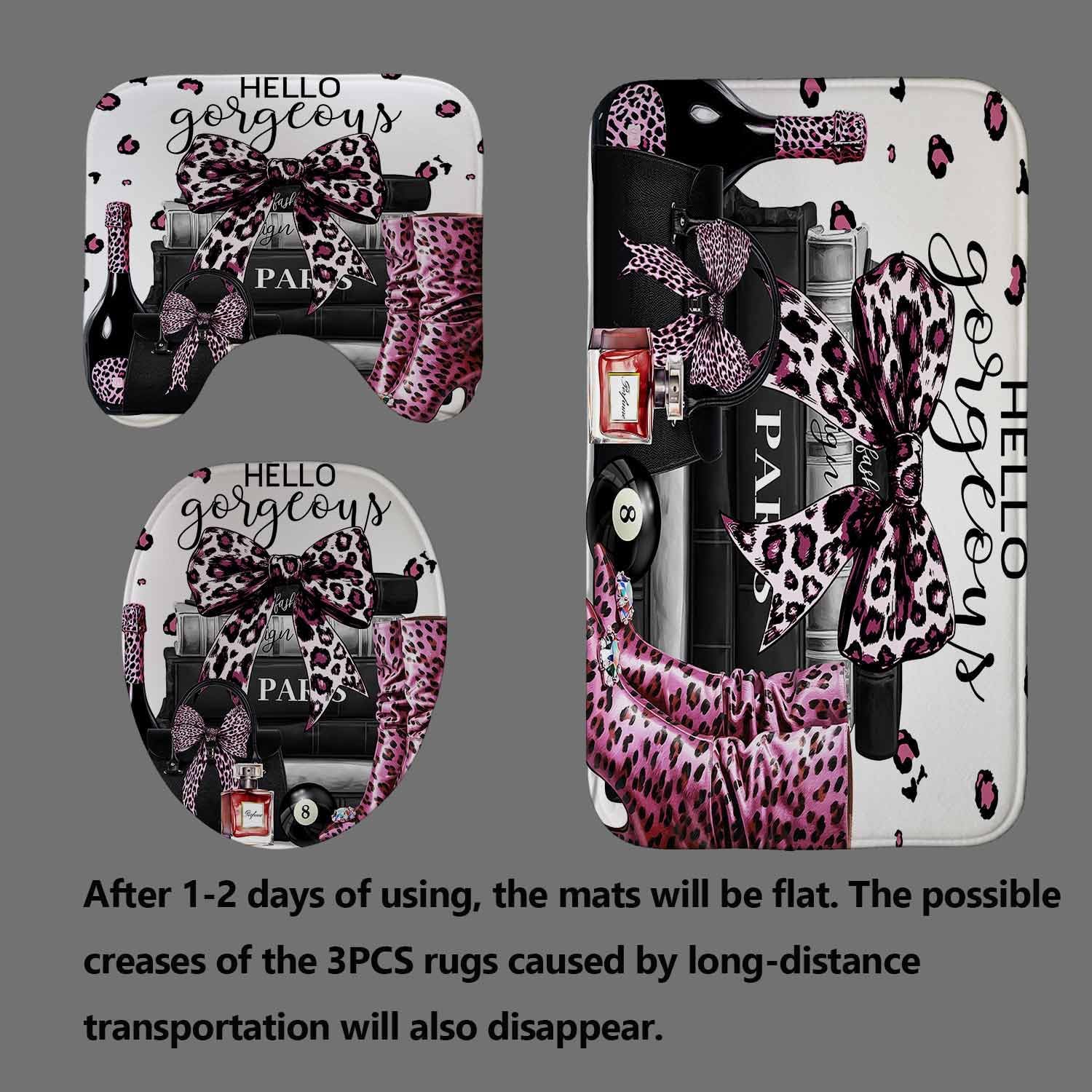 4PCS Fashion Women Shower Curtain Sets with Rugs, White Shower Curtain, Pink Leopard Print Cheetah Print Bow Bowknot High Heels Books 8 Ball Perfume Hello Gorgeous Girly Modern Bathroom Decor