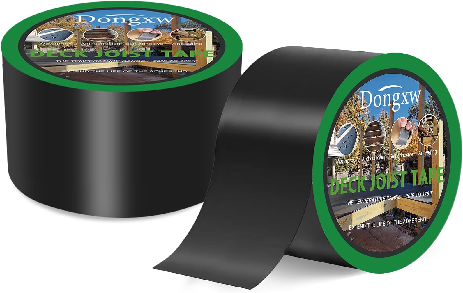 Dongxw 10cm*15.2m Deck Joist Tape, 2 Rolls, Black, Waterproof, Weather Resistant, Self-Adhesive, Butyl, Polyethylene, Multi Surface, Outdoor, 30.4 meter