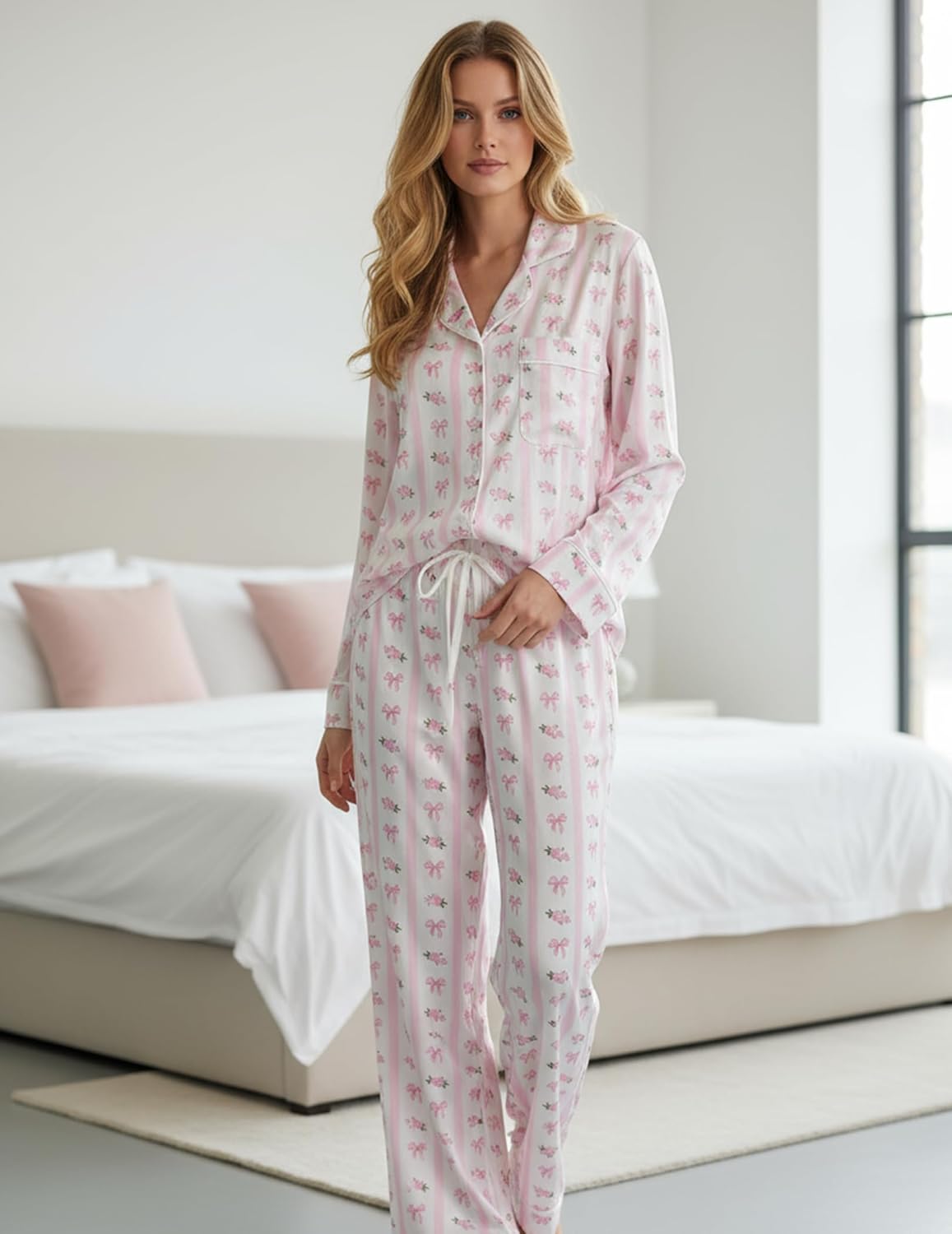 Womens 2 Piece Cute Pajama Sets Bow Button Long Sleeve Pjs Wide Leg Pants with Pocket Casual Loungewear - Image 2