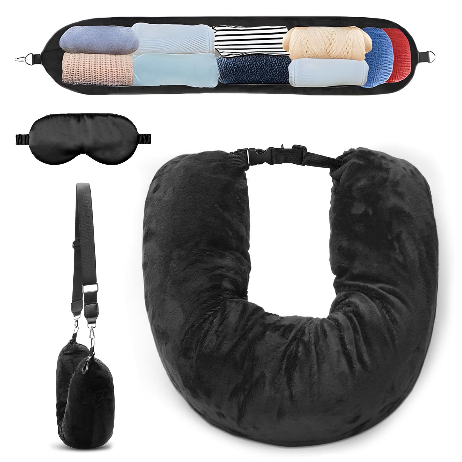 Cuscino Da Viaggio Riempibile Con Vestiti - A Forma Di U, Con Benda Regolabile, Per Auto, Aereo, Campeggio (Tessuto Velluto)