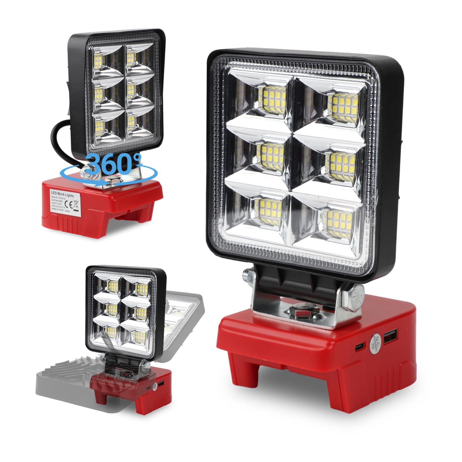 Cordless LED Work Light for Milwaukee 18V/20V Battery, 48W 5200LM Flood Light with Low Voltage Protection & USB-C Charging, Job Site Lighting for Emergency Workshop Garage，No Battery