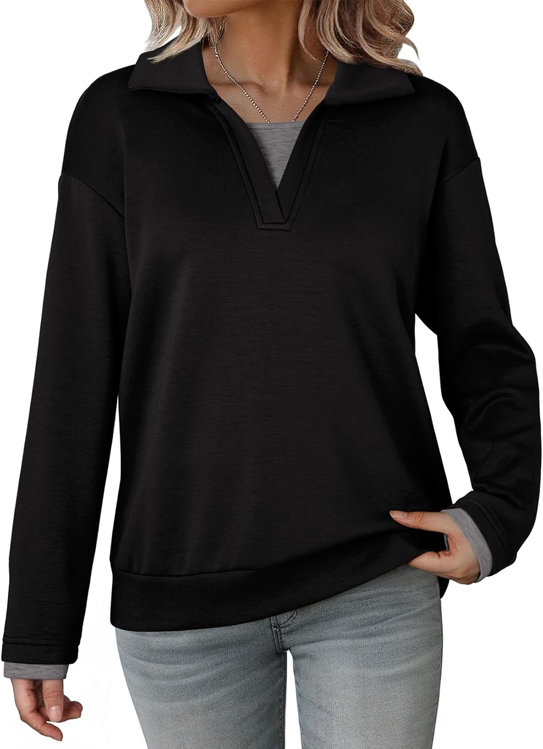 Dokotoo Sweatshirt for Women Long Sleeve V Neck Color Block Oversized Casual Pullover Sweatshirts Tops