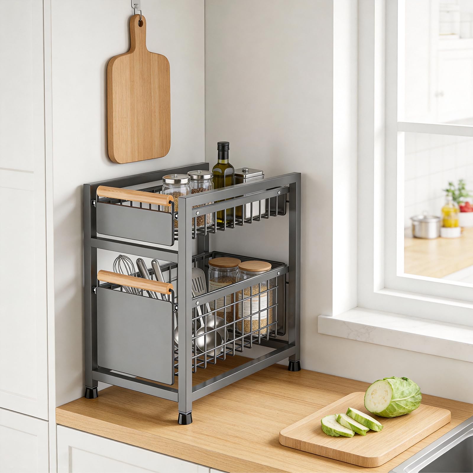 Schrank Organizer Ausziehbar, Küchen Organizer Spüle Unterschrank Regal, 2 Etagen Metall Ablage mit Holzgriff, Rostfrei & Stabil für Bad & Küche, 39x24x42cm-Grau