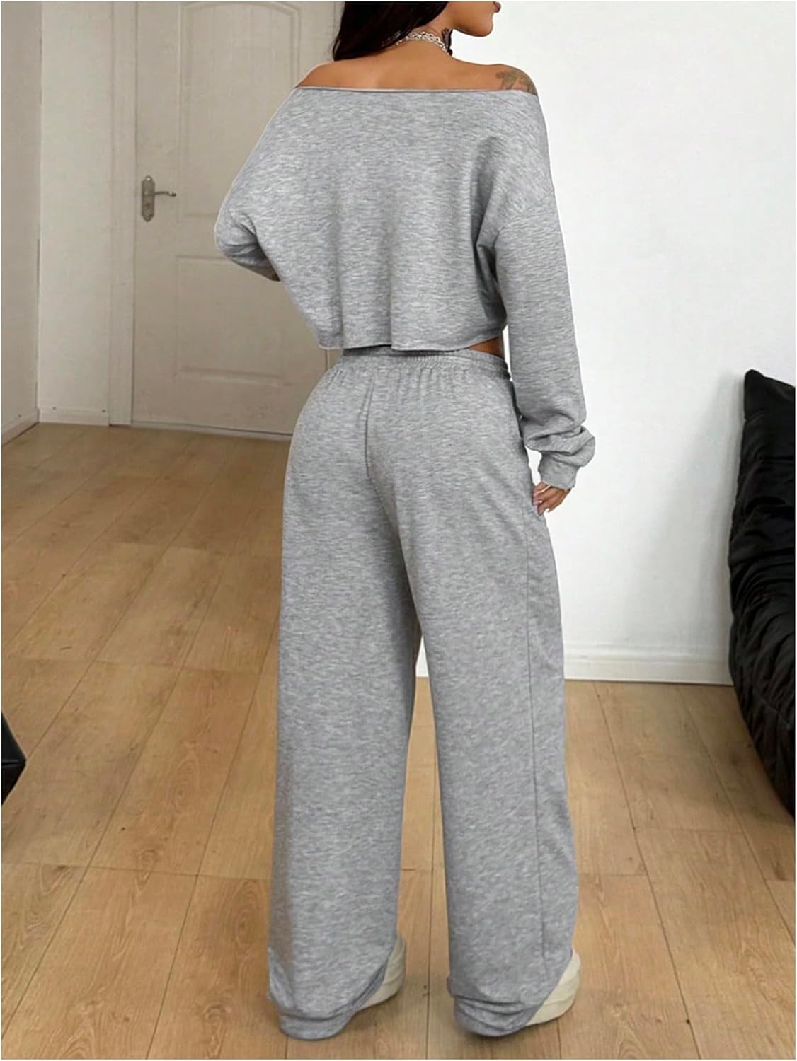 SOLY HUX Women's 2 Piece Outfits Off the Shoulder Long Sleeve Crop Tops and Wide Leg Pants Matching Set - Image 2