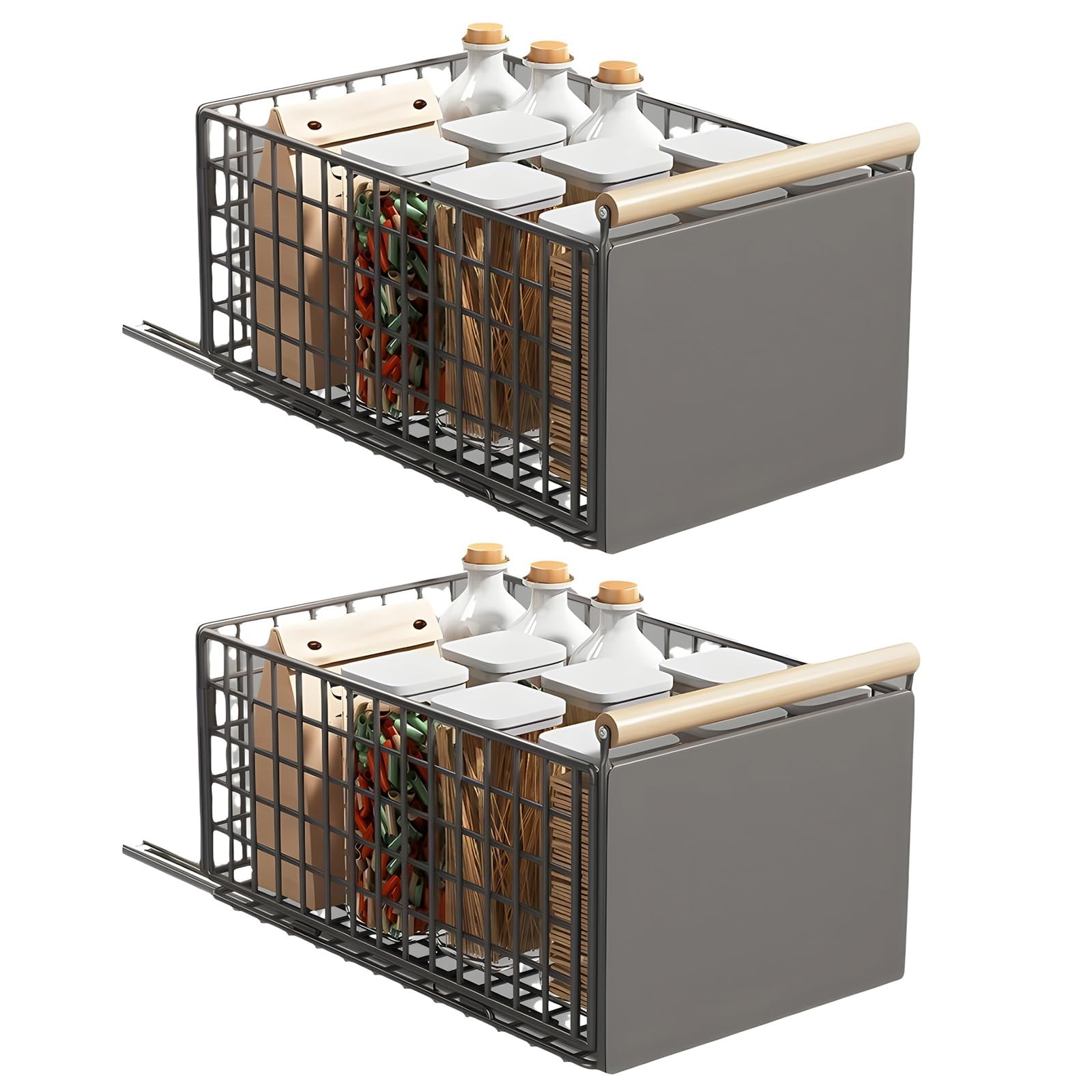 Qusinfc Pull Out Kitchen Storage Rack Flexible Design Tool-Release Mounting Customizable Shelves for Kitchen Bathroom Utility Room Sturdy Carbon Steel Cabinet Organizers with Sliding Baskets