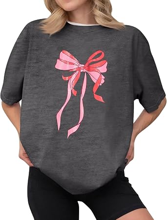 FONMA Summer Tops for Women 2025 Y2K Bow Graphic Crew Neck Short Sleeve Shirt Casual Loose Fit Workout Blouse Tee