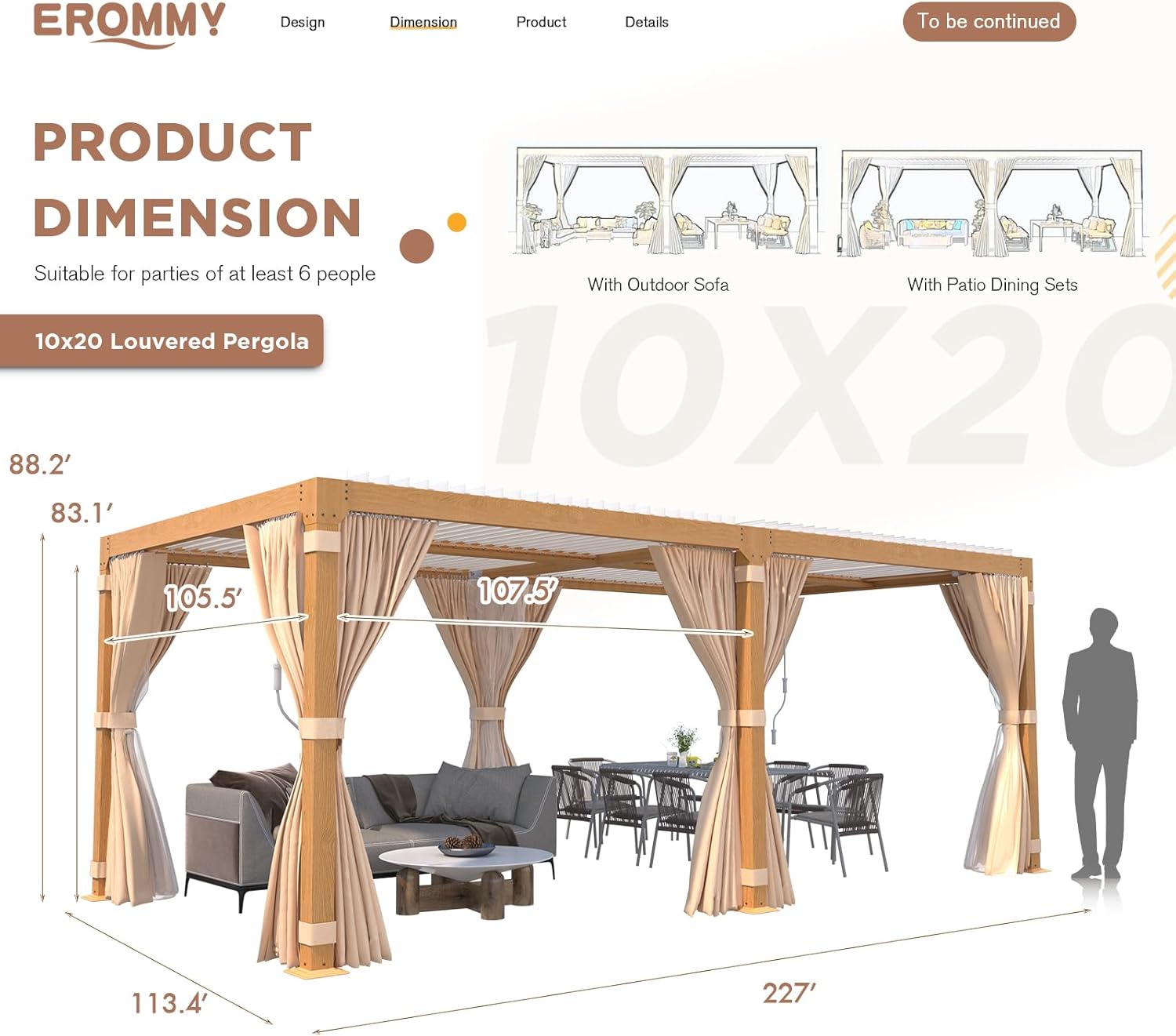 Diagram showing the dimensions of the 12x20 FT EROMMY Louvered Pergola, including height, width, and length.