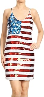 Women Spaghetti Strap Sleeveless USA American Flag Patriotic Sequin Mini Dress