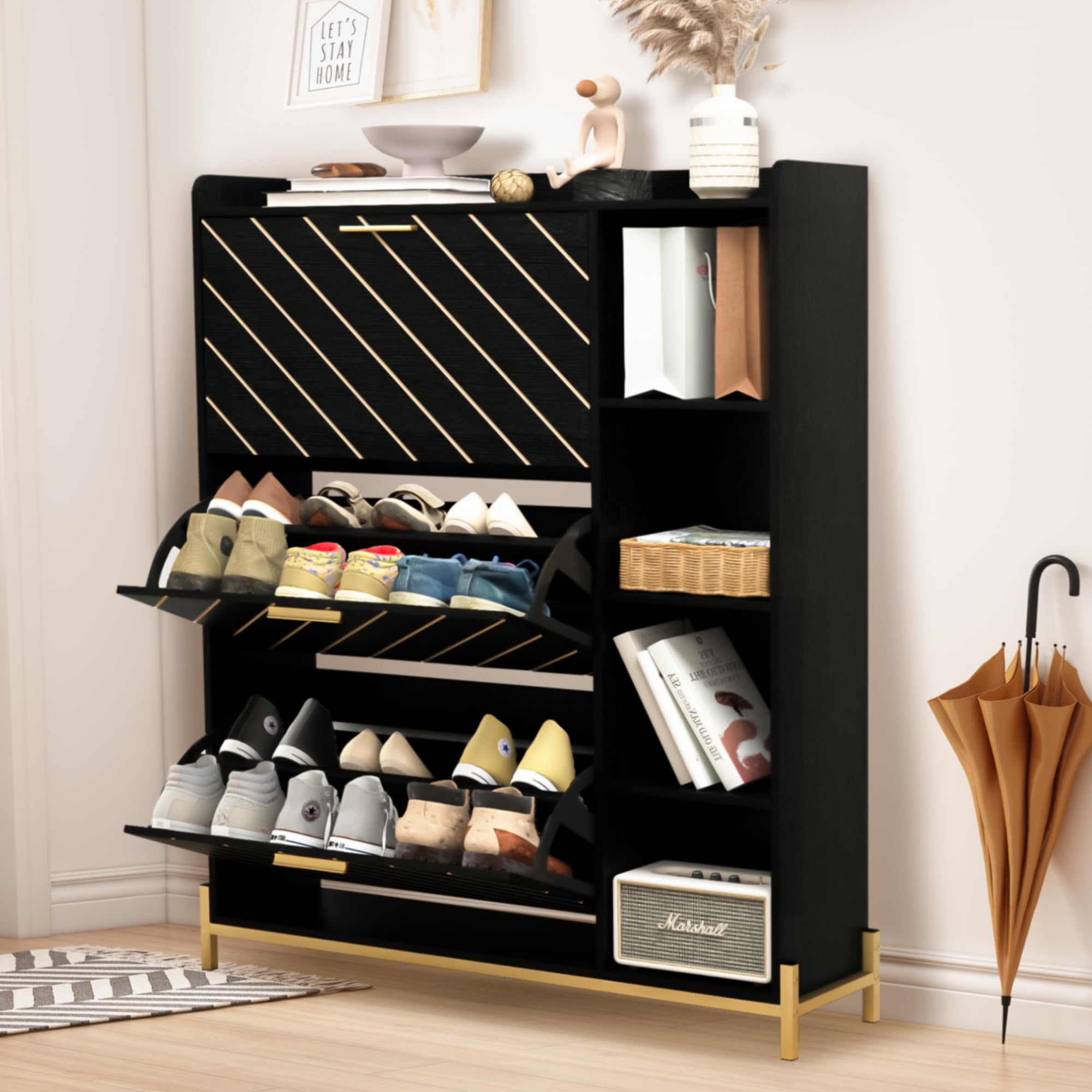 AEMSOFK Shoe Storage Cabinet,Modern Shoe Cabinet with 3 Flip Drawers, Hidden Slim Narrow Shoe Cabinet with Open Shelves for Entryway, Foyer, Hallway,