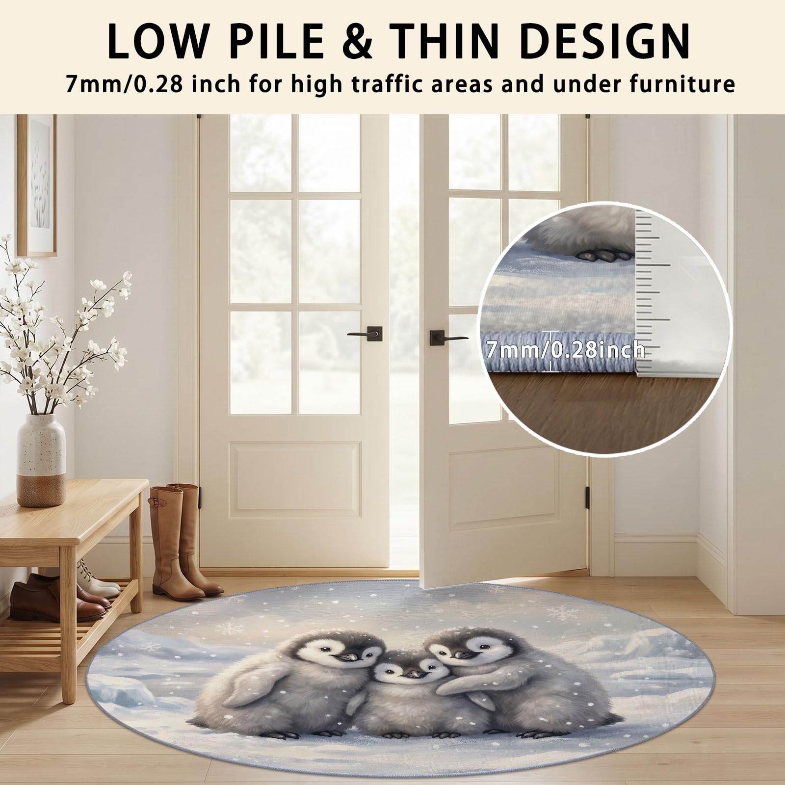 Alfombra redonda para niños y niñas, diseño de pingüino, suave, para dormitorio, sala de juegos, sala de estar, redonda, 120 cm, parte trasera antideslizante, color blanco
