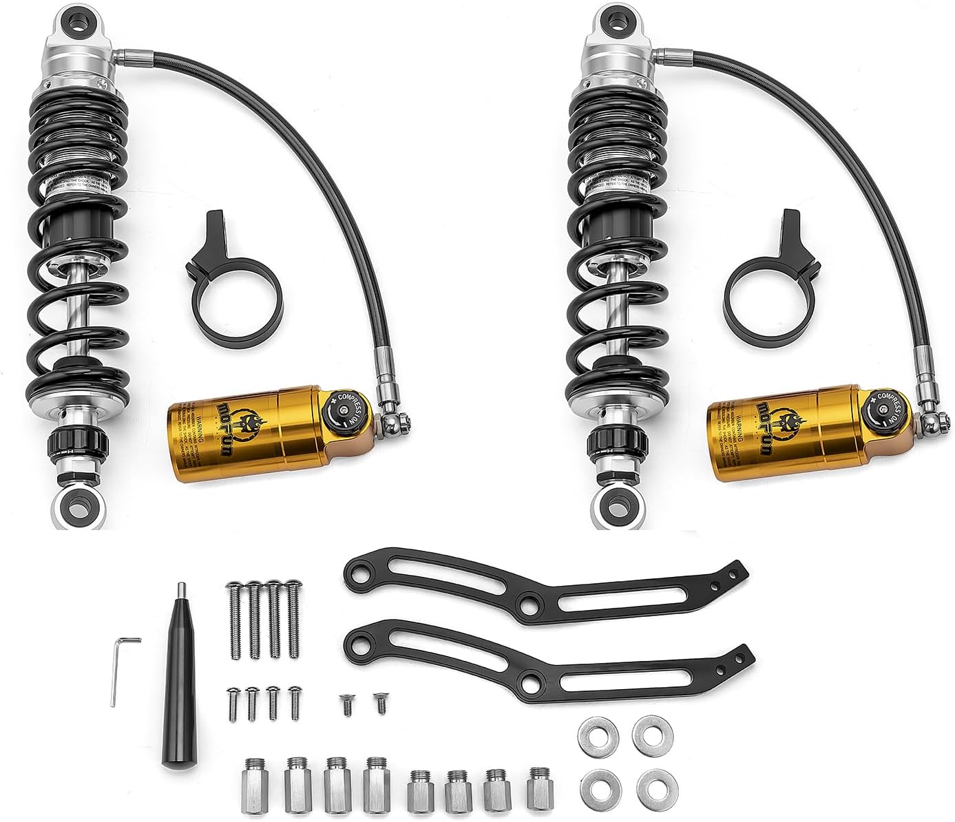 Mofun Remote Reservoir Rear Suspension Shocks with Gold Reservoir Compatible with Harley Touring Road King Electra Street Road Glide 2014-2024