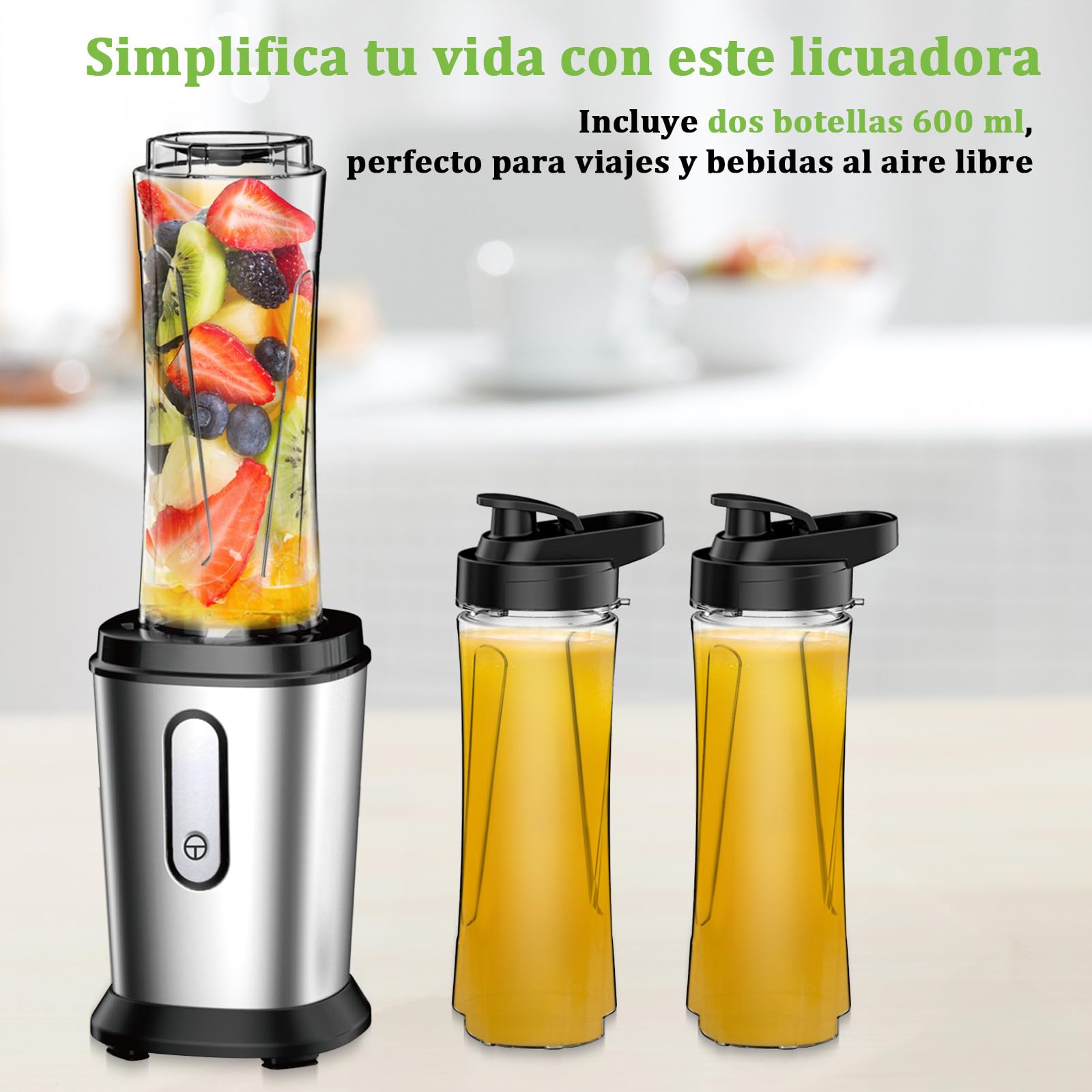 Batidora de Vaso, 500W Mini Portatil Batidora de Vaso Smoothies Individual con 2 Botellas de 600 ml de Plástico Tritan, Licuadora para Zumos, Batidos, Verduras, Frutas