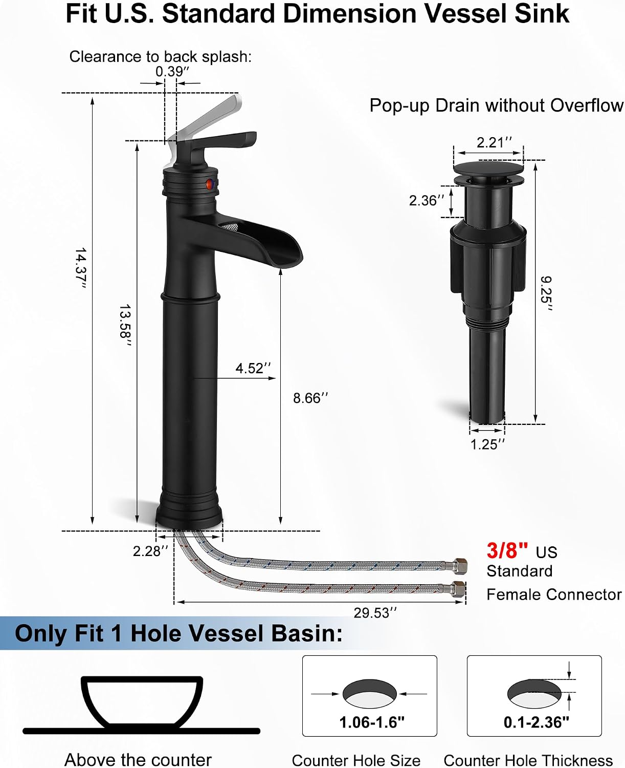 Brass Tall Vessel Sink Faucet Black Bathroom Sink Faucet Waterfall 1 Hole, Single Handle with Pop-up Drain & Supply Hose for Bathroom Vanity Vessel Basin