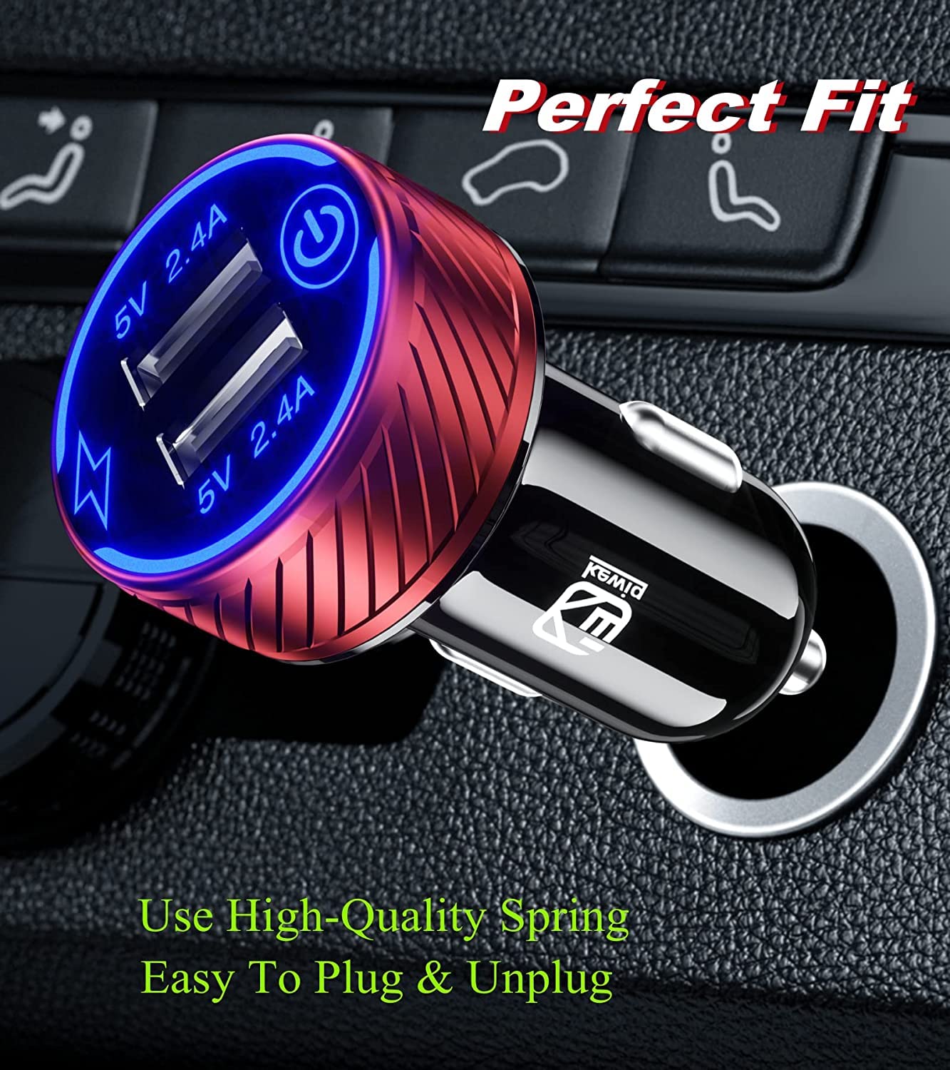 KEWIG Accendisigari Auto USB Doppia Porta 5V/4.8A - Caricatore Rapido Con Interruttore Touch E LED Blu - Certificato UL/CE/RoHS